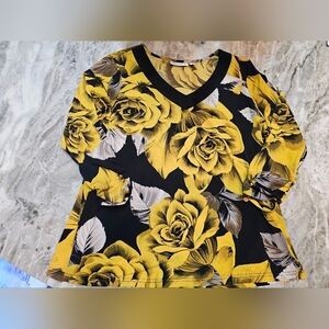Susan Graver Floral V-Neck Blouse Top L Yellow Rose Print Long Sleeve Stretch